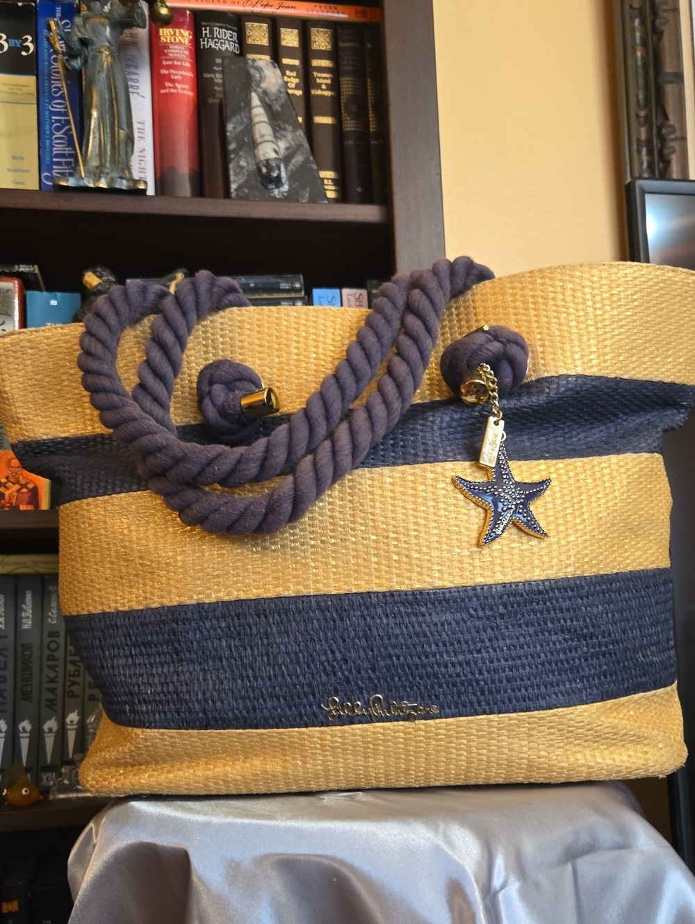 Lilly Pullitzer Gold Straw With Navy Stripes Tote Bag with Rope Handles